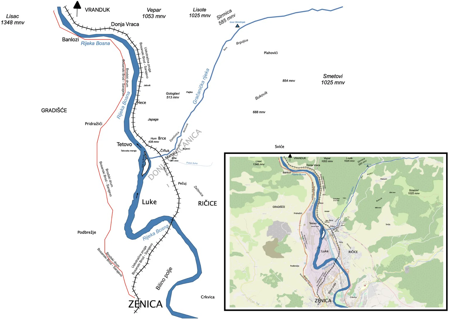 Custom map of the Zenica area with rivers, railways, roads, and place labels